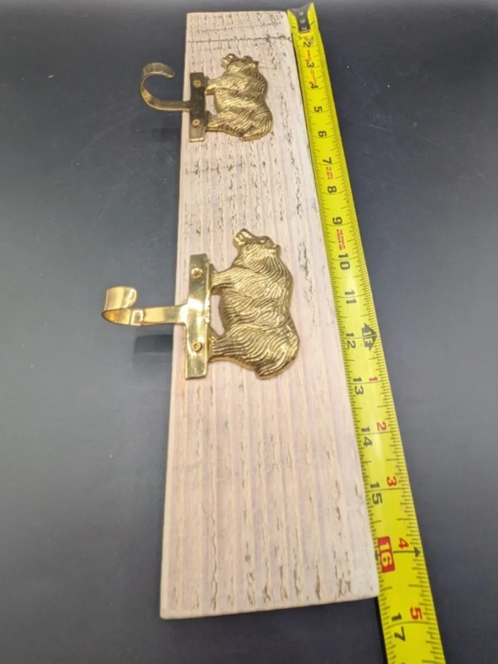Hand Crafted Hat Key Coat Rack 2 Brass Bear Distressed Hooks Wall Mount `15.5